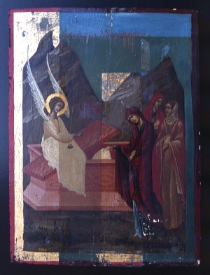 The icon of The Holy Women at the empty tomb of Christ, Pelentri, around 1500, during cleaning of the early 20th century overpainting. During cleaning by Vojislav Lukovic, 1994.
